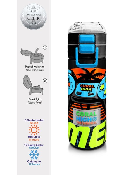 Kids Erkek Desenli Pipetli ve Direkt Içim Çelik Termos 500 ml