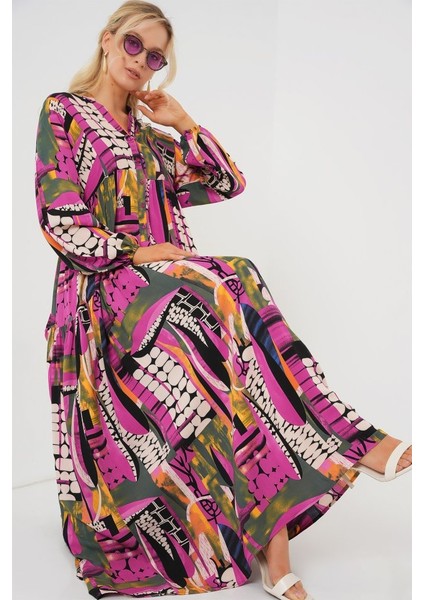 2423 Otantik Desenli Tesettür Elbise - H. Haki fiyatları