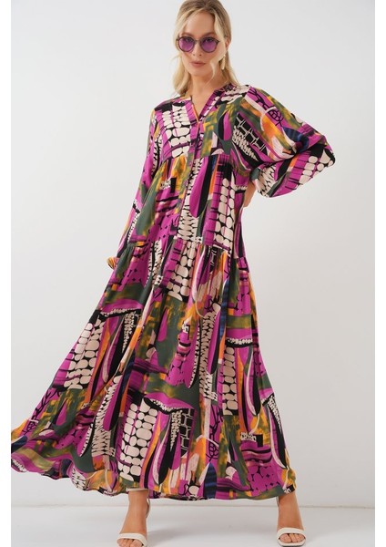 2423 Otantik Desenli Tesettür Elbise - H. Haki modelleri