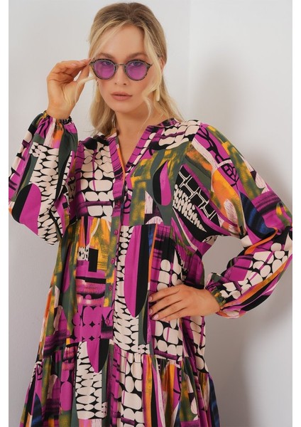 2423 Otantik Desenli Tesettür Elbise - H. Haki fırsatları