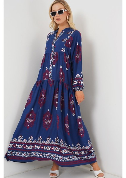 2423 Otantik Desenli Tesettür Elbise - Petrol 1