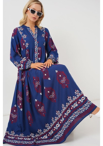 2423 Otantik Desenli Tesettür Elbise - Petrol 1 fiyatları