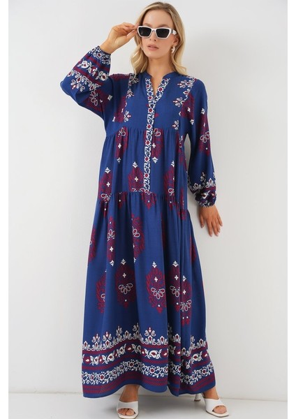 2423 Otantik Desenli Tesettür Elbise - Petrol 1 modelleri