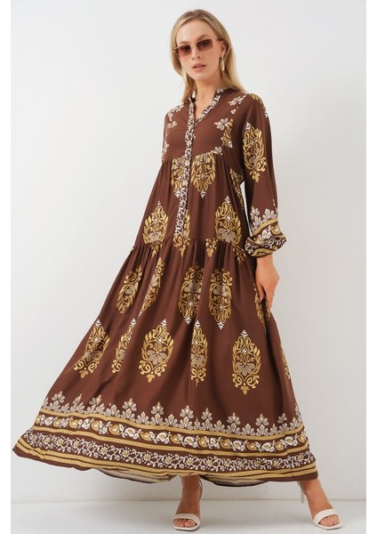 2423 Otantik Desenli Tesettür Elbise - Beyaz - Kahve