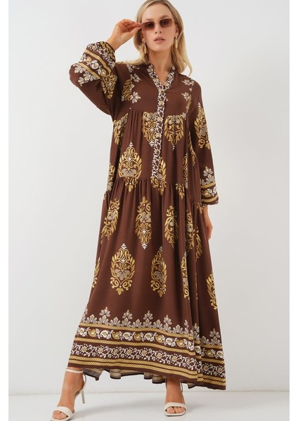 2423 Otantik Desenli Tesettür Elbise - Beyaz - Kahve fiyatları