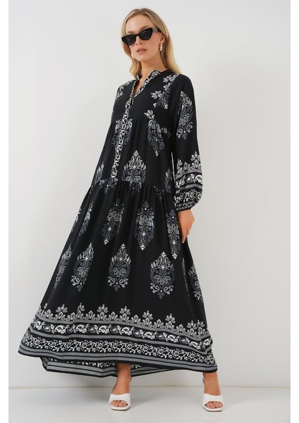 2423 Otantik Desenli Tesettür Elbise - Siyah 11