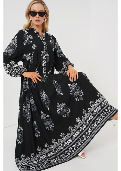 2423 Otantik Desenli Tesettür Elbise - Siyah 11 fiyatları