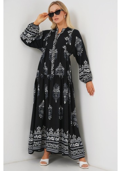 2423 Otantik Desenli Tesettür Elbise - Siyah 11 modelleri