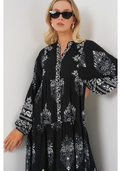 2423 Otantik Desenli Tesettür Elbise - Siyah 11 fırsatları