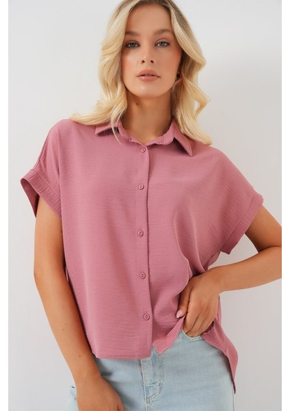 Oversize Kısa Kol Gömlek 20322 - Pembe