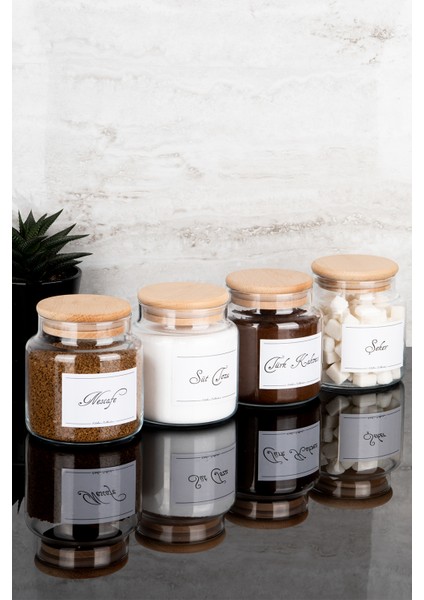 4lü 500ML Ahşap Kapaklı Kahve Köşesi Seti Türk Kahvesi/nescafe/süt Tozu/şeker Etiketli Cam Kavanoz