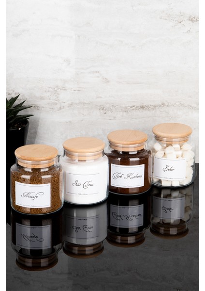 4lü 500ML Ahşap Kapaklı Kahve Köşesi Seti Türk Kahvesi/nescafe/süt Tozu/şeker Etiketli Cam Kavanoz modelleri