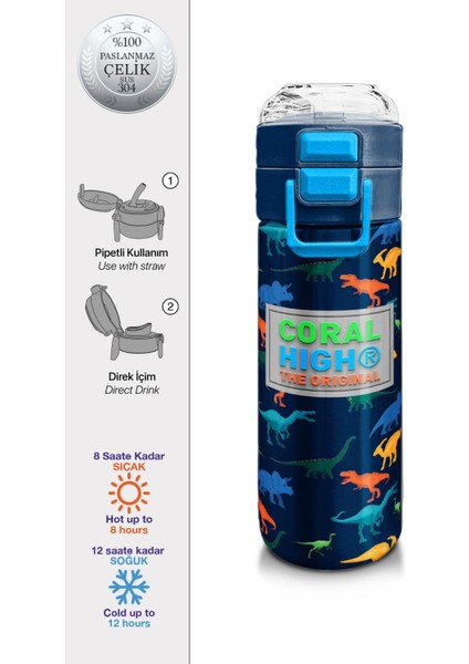 Kids Erkek Desenli Pipetli ve Direkt Içim Çelik Termos 500 ml