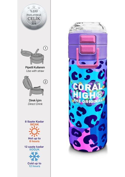 Kids Kız Desenli Pipetli ve Direkt Içim Çelik Termos 500 ml