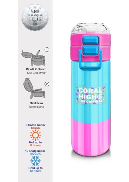 Kids Kız Desenli Pipetli ve Direkt Içim Çelik Termos 500 ml