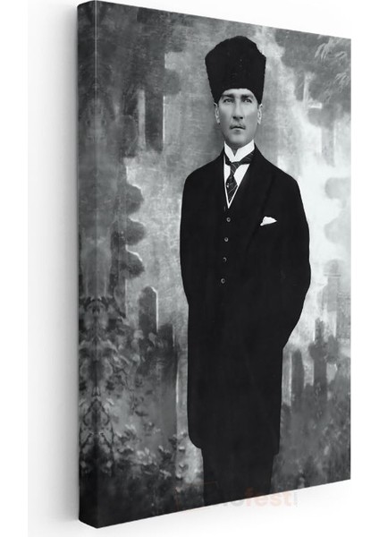 Siyah Beyaz Atatürk - Kalpak ve Klasik Duruş Kanvas Tablo modelleri