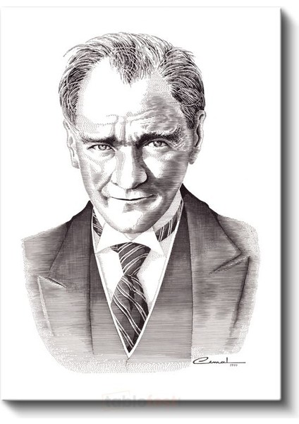 Karakalem Gülümseyen Atatürk - İmzalı Portre Kanvas Tablo
