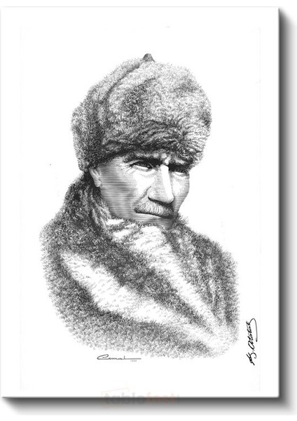 Kürklü Atatürk - İmzalı Karakalem Portre Kanvas Tablo