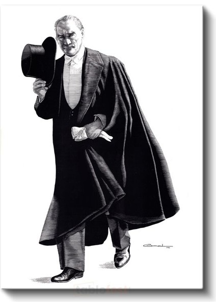 Pelerinli Atatürk - Şapkalı Siyah Beyaz Çizim Kanvas Tablo fiyatları