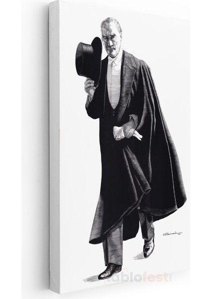Pelerinli Atatürk - Şapkalı Siyah Beyaz Çizim Kanvas Tablo modelleri