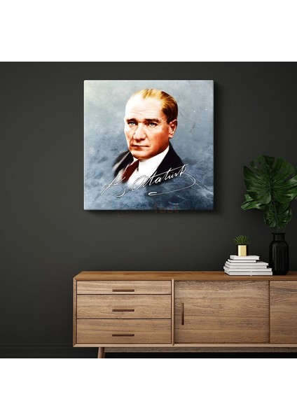 İmzalı Atatürk - Mavi Fonda Portre Kanvas Tablo