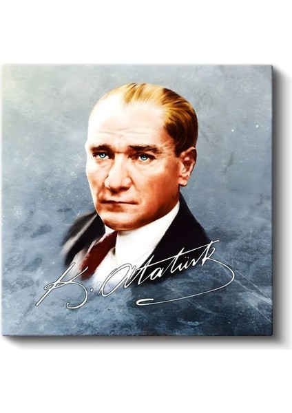 İmzalı Atatürk - Mavi Fonda Portre Kanvas Tablo