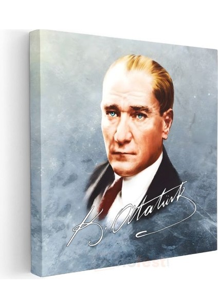 İmzalı Atatürk - Mavi Fonda Portre Kanvas Tablo