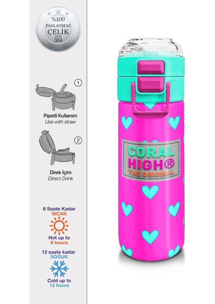 Kids Kız Desenli Pipetli ve Direkt Içim Çelik Termos 500 ml