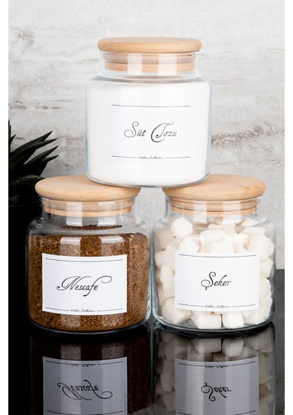 3'lü 500 ml Ahşap Vakum Kapaklı Filtre Şeker/nescafe/süt Tozu Etiketli Cam Kavanoz Seti