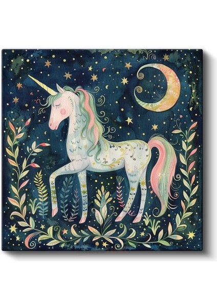 Gece Unicorn - Yıldızlı Gökyüzünde Sihirli Dostumuz Kanvas Tablo fiyatları