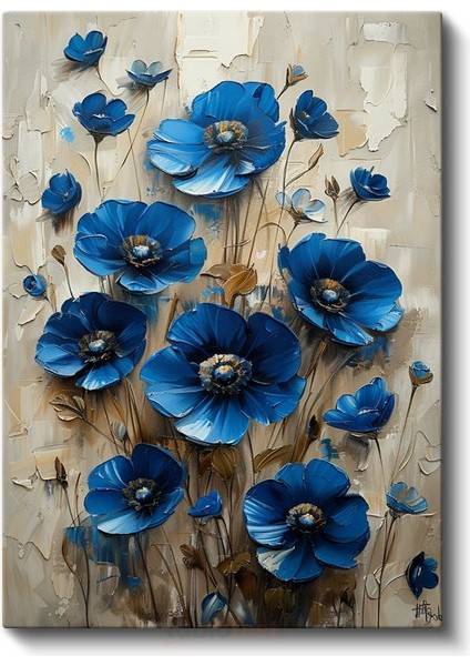 Mavi Gelincikler - Dokulu Boya Tekniğiyle Çiçek Buketi Kanvas Tablo fiyatları