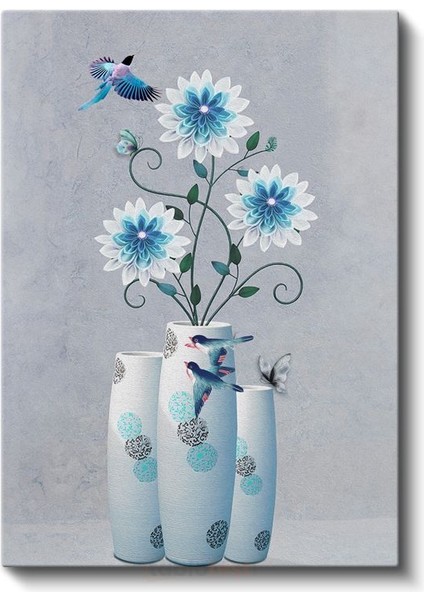 Mavi Çiçek Düşü - Kuşlar ve Çiçeklerle Modern Dekoratif Kanvas Tablo fiyatları