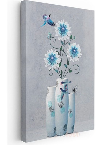 Mavi Çiçek Düşü - Kuşlar ve Çiçeklerle Modern Dekoratif Kanvas Tablo modelleri