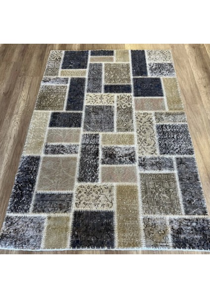 Patchwork Krem Gri Siyah El Dokuma Kilim
