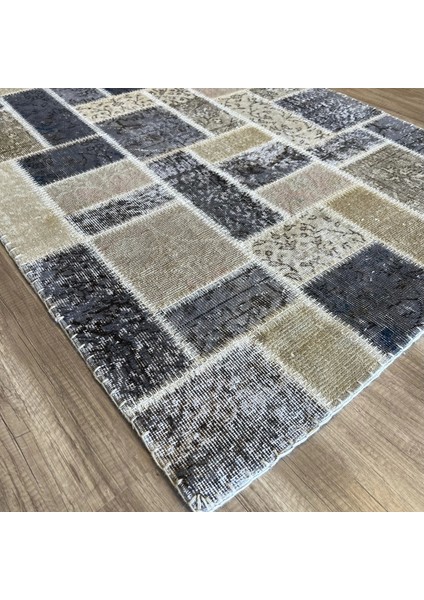 Patchwork Krem Gri Siyah El Dokuma Kilim