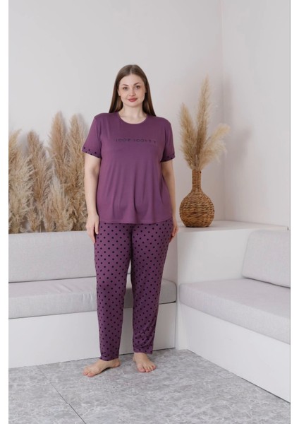 Büyük Beden Milan Kumaş Sıfır Yaka Kısa Kollu Puantiyeli Mor Kadın Pijama TAKIMI-7665
