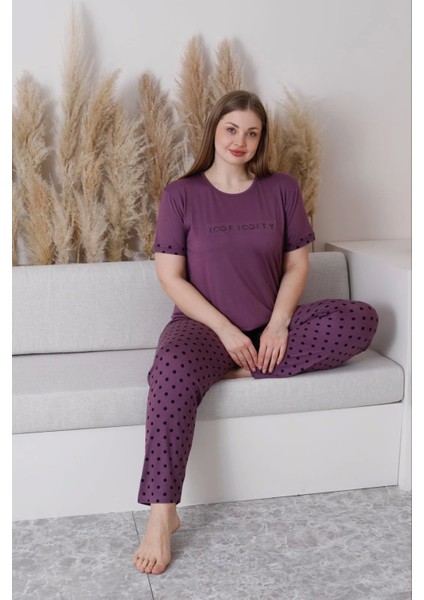 Büyük Beden Milan Kumaş Sıfır Yaka Kısa Kollu Puantiyeli Mor Kadın Pijama TAKIMI-7665