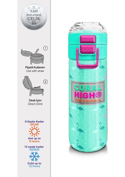 Kids Kız Desenli Pipetli ve Direkt Içim Çelik Termos 500 ml