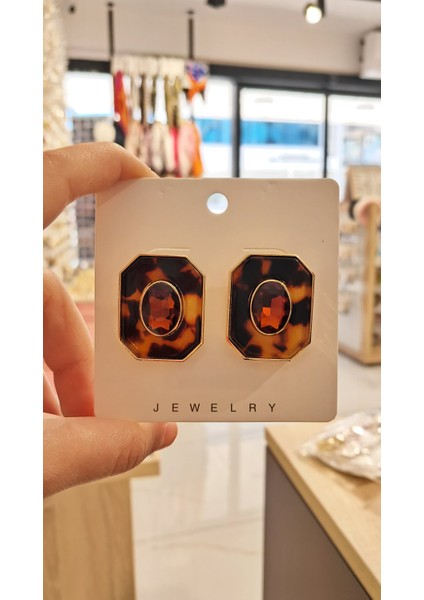 Sekizgen Brown Mermer Desen Gold Küpe