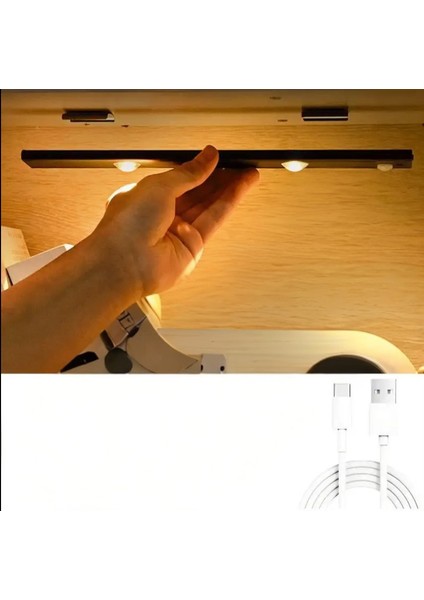 Hareket Sensörlü - Dekoratif Gece Lambası - USB Şarjlı LED Slim Armatür Aydınlatma 30 cm Beyaz Kasa