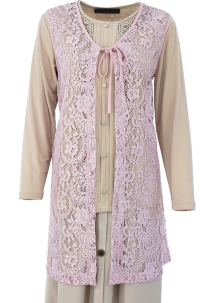 Kadın Yelek Şık ve Modern Kendinden Desenli V Yakalı Önden Bağcıklı Tül Kumaş Rahat Kesim