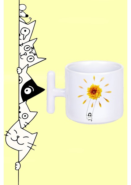 Sarı Papatya Sallanan Kız Güneş Tasarım Baskılı Beyaz T Sap Kupa Bardak