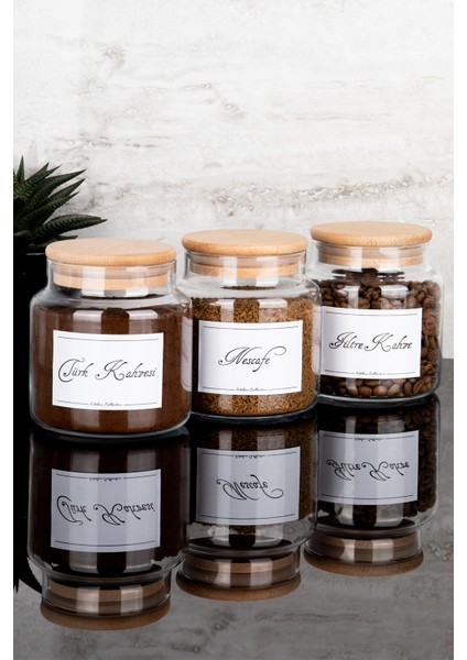 3'lü 500 ml Ahşap Vakum Kapaklı Filtre Kahve/nescafe/türk Kahvesi Etiketli Cam Kavanoz Seti