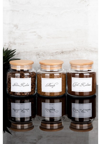 3'lü 500 ml Ahşap Vakum Kapaklı Filtre Kahve/nescafe/türk Kahvesi Etiketli Cam Kavanoz Seti modelleri