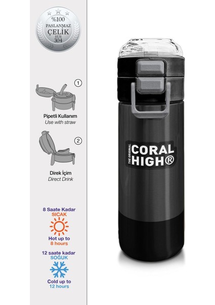 Kids Erkek Desenli Pipetli ve Direkt Içim Çelik Termos 500 ml