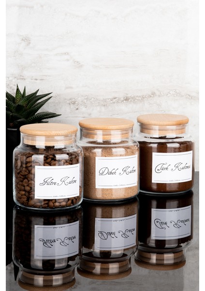 3'lü 500 ml Ahşap Vakum Kapaklı Filtre Kahve Dibek Kahvesi Türk Kahvesi Etiketli Cam Kavanoz Seti