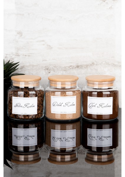 3'lü 500 ml Ahşap Vakum Kapaklı Filtre Kahve Dibek Kahvesi Türk Kahvesi Etiketli Cam Kavanoz Seti modelleri