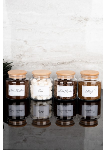 4lü 500ML Ahşap Kapaklı Kahve Köşesi Seti Türk Kahvesi/nescafe/filtre/şeker Etiketli Cam Kavanoz modelleri