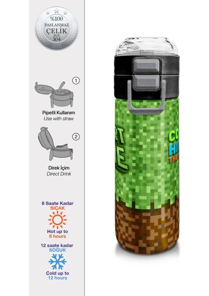 Kids Erkek Desenli Pipetli ve Direkt Içim Çelik Termos 500 ml