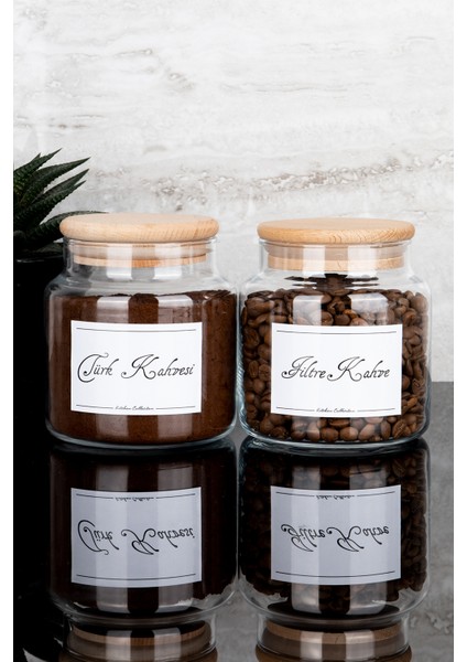 2'li 500 ml Ahşap Vakum Kapaklı Filtre Kahve ve Türk Kahvesi Etiketli Saklama Kabı Cam Kavanoz Seti
